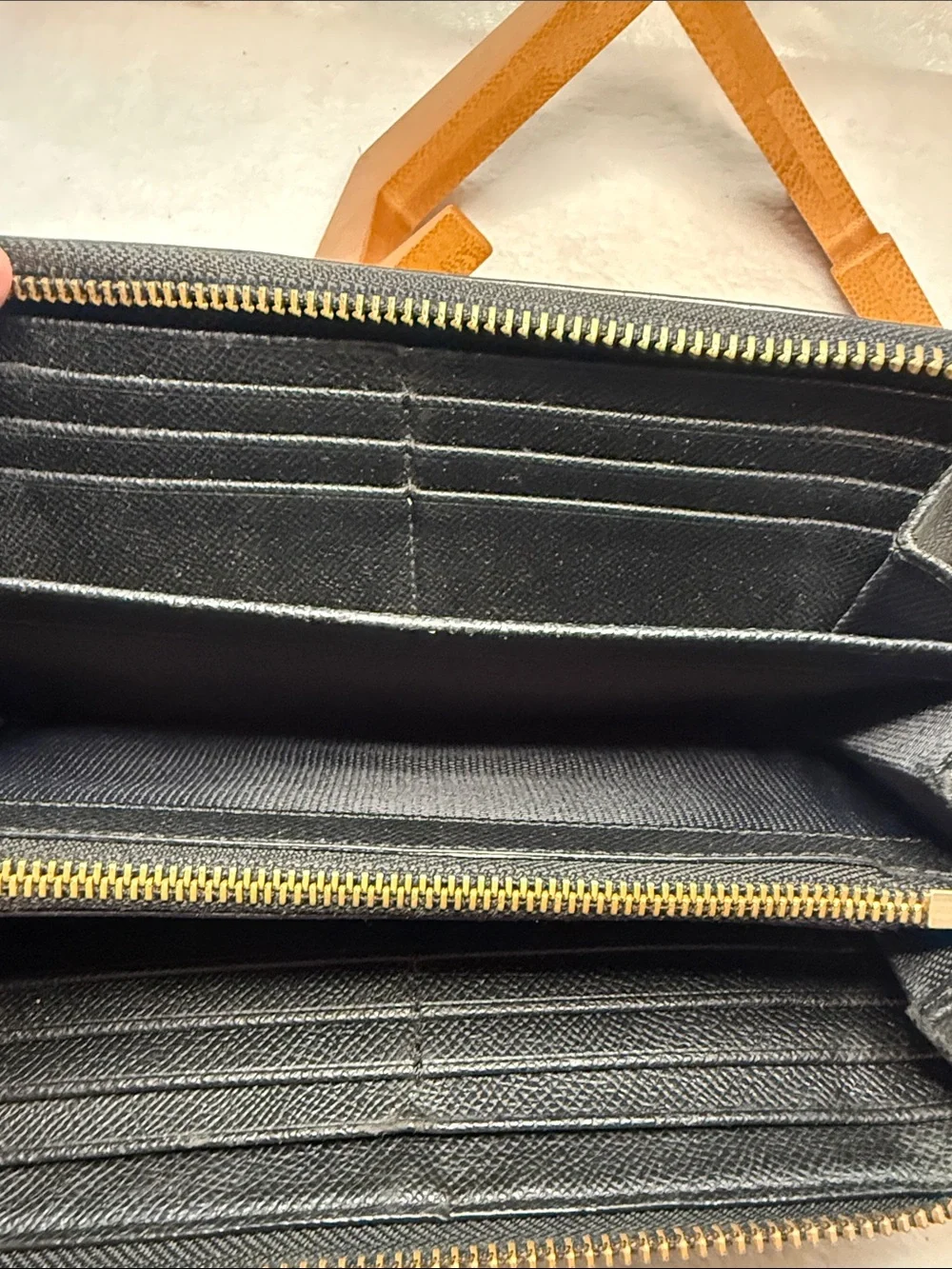 Coach Tan Black Leather Zip Wallet with Logo Plaque
